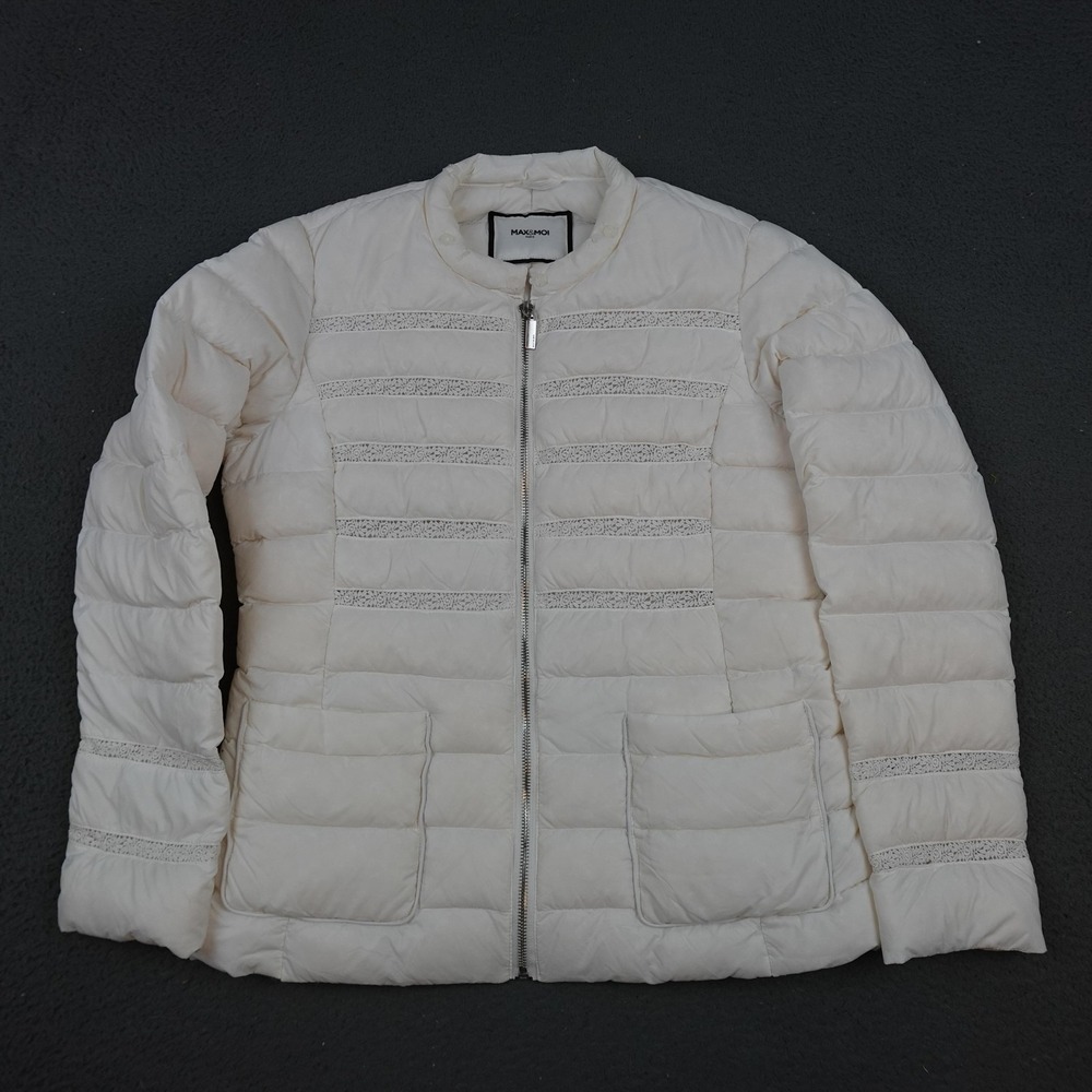 Max & Moi Puffer Jacket Womens 36 Ivory Down Quilted Lace Trim Zip Pockets